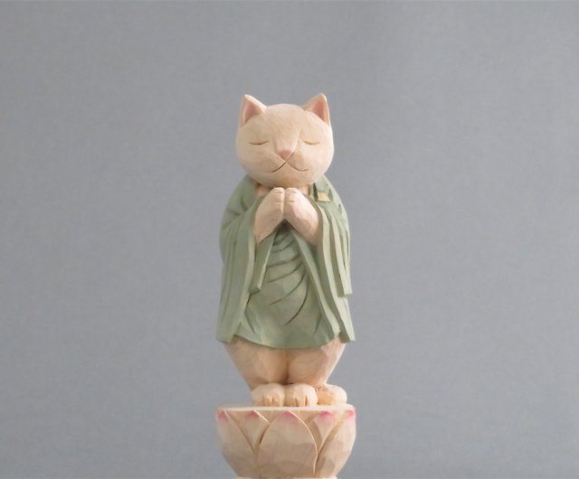 木彫りの立った合掌猫 袈裟を着た猫仏さま 仏像ねこ - ショップ 仏屋