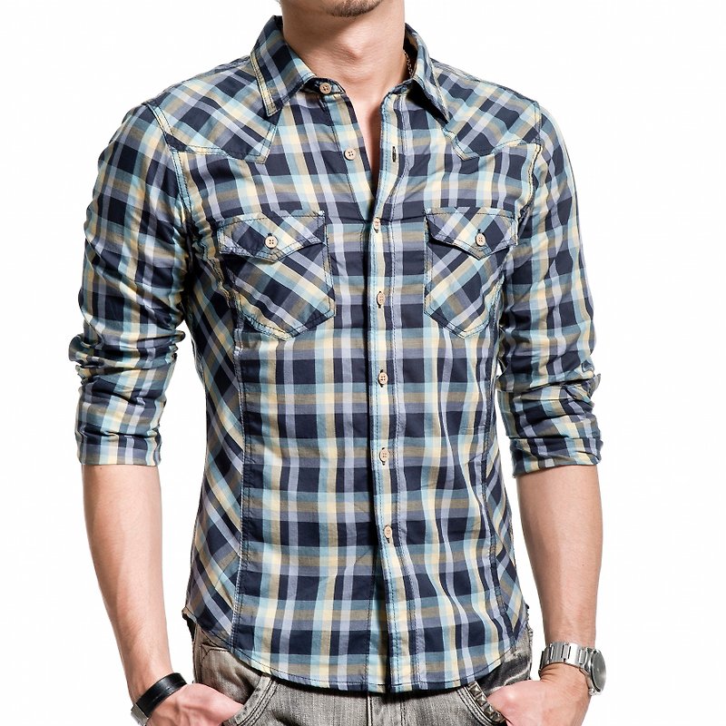 50 mercerized combed cotton dark blue/light blue/yellow mixed color plaid wood button long-sleeved shirt - Men's Shirts - Cotton & Hemp 
