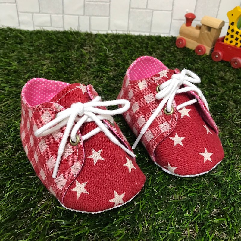 格子の星の靴抱き合わせ靴ひも幼児<赤> - 出産祝い用贈物 - コットン・麻 レッド