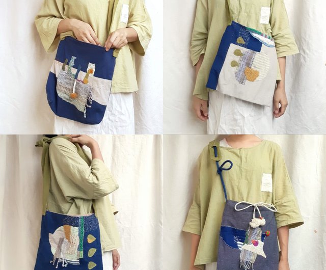 DUNIAハンドメイド/リーフグリーンパッチワーク刺繍クロスボディ