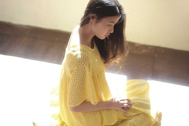| chacha.metyou / You are my little sun long dress / with dog hairy kids | - One Piece Dresses - Cotton & Hemp Yellow
