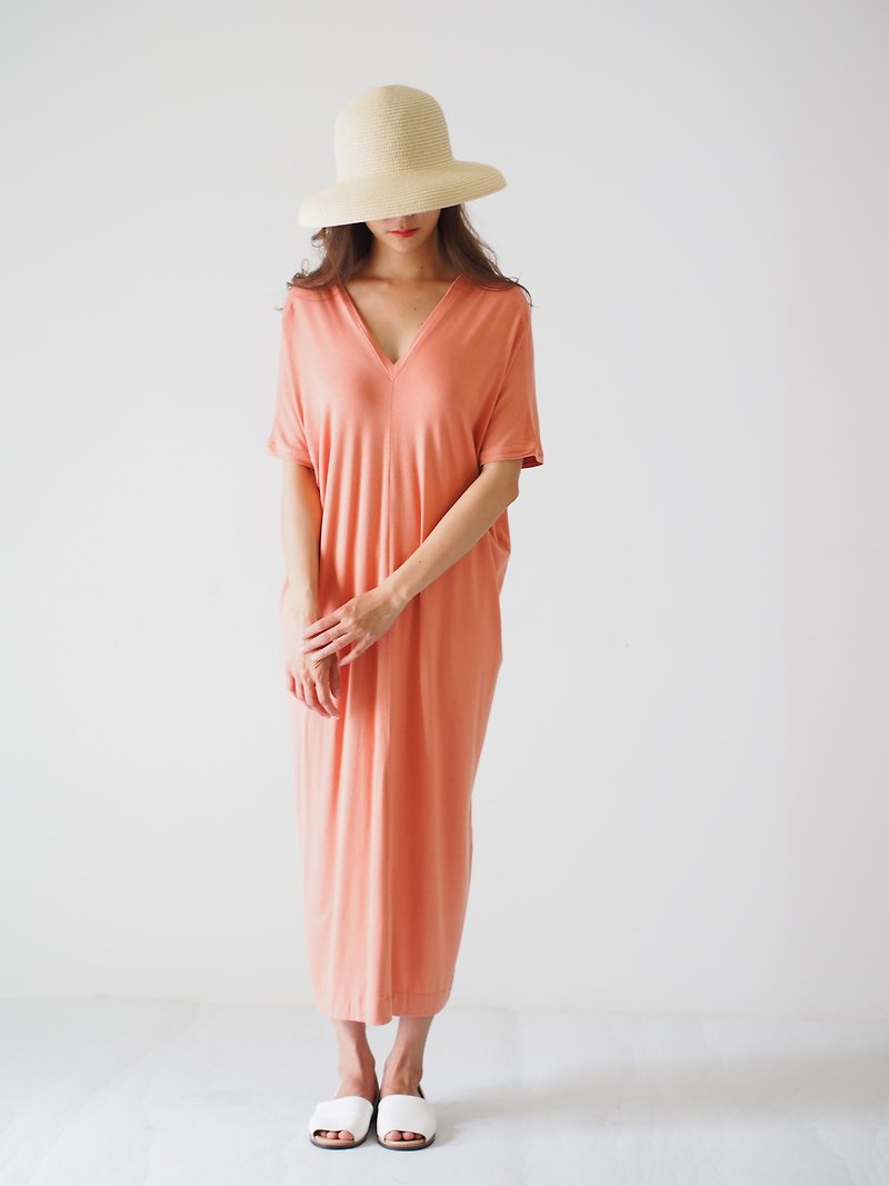 ByTheSea Dress W V Neck - ThaiTea - One Piece Dresses - Cotton & Hemp Orange
