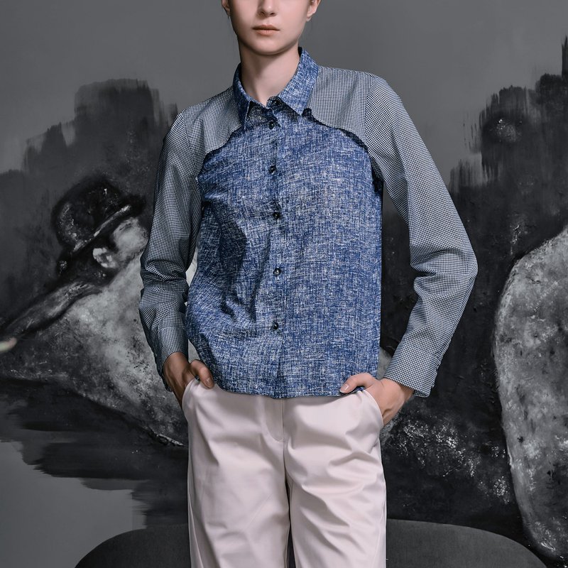 レイヤードチェック柄パネル長袖シャツ - シャツ・ブラウス - コットン・麻 ブルー