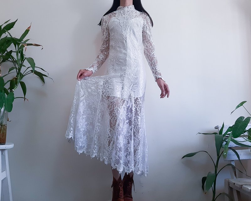 XS - 復古 1980 年代 1920 年代象牙白色蕾絲婚紗透視裝 - 洋裝/連身裙 - 聚酯纖維 白色