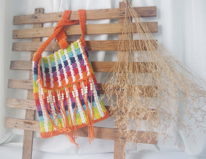 Antique Antique Bag - Hippie Color Knit Okinawa Island Fringe Shoulder Bag - กระเป๋าแมสเซนเจอร์ - ไฟเบอร์อื่นๆ สีส้ม