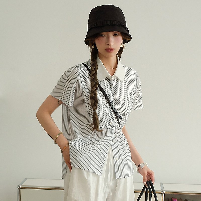 Striped Doll Collar Shirt|Shirt|Shirt|Two-color|Summer|Sora-1244 - Women's Shirts - Cotton & Hemp Multicolor