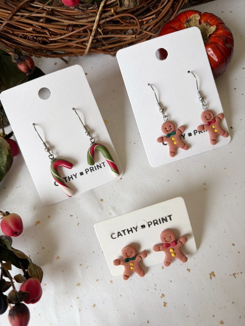 聖誕限定-拐杖糖/薑餅人 - 耳環/耳夾/耳骨夾 - 其他材質 
