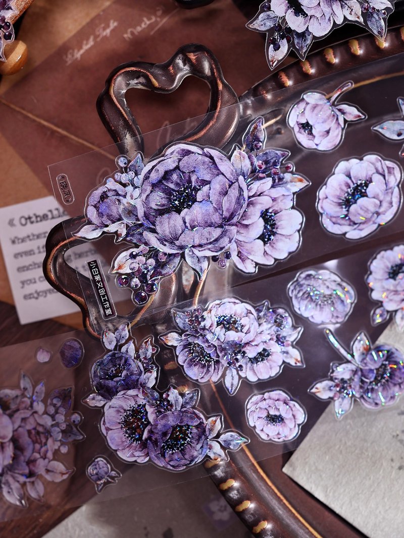 晚風  復古溫柔灰紫花卉和紙PET貝殼光模切手帳膠帶 - 紙膠帶/和紙/PET - 紙 多色