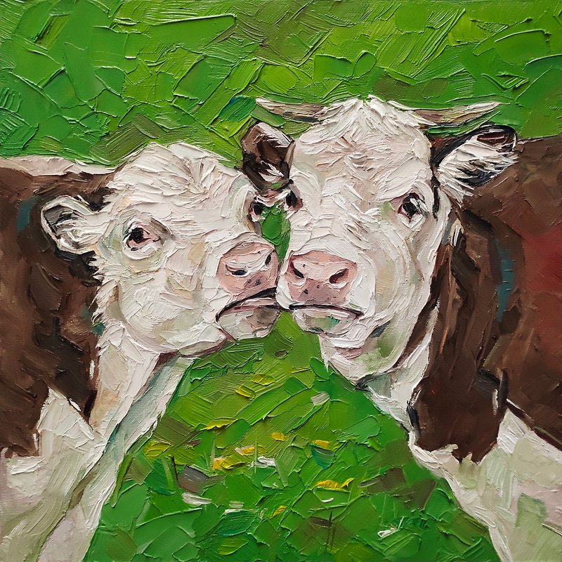 農場の動物の絵牛オリジナルアート動物のアートワーク油絵農場のウォールアート - ポスター・絵 - その他の素材 グリーン