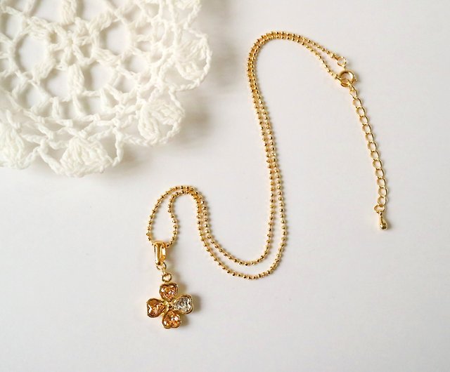 Gold Flower Clover Necklace with Crystal
