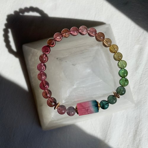 Rainbow Dream Crystal 彩虹色系 鮮艷粉綠西瓜原石碧璽 6.5mm 彩虹手鏈 天然水晶設計手