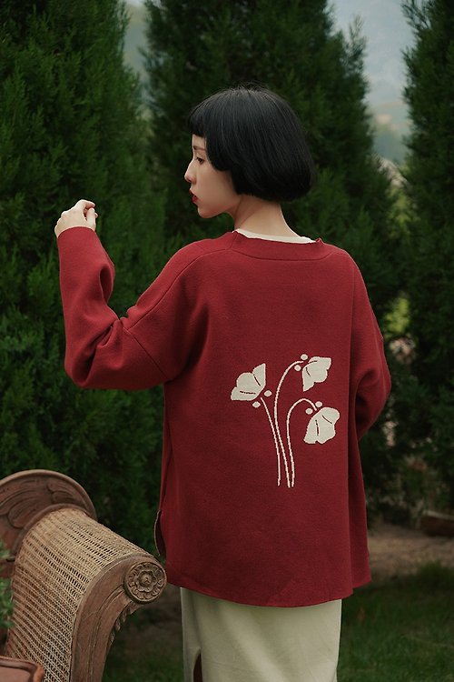 然而 RANER 紅色 日系復古和服款針織開衫 改良國風玫瑰提花厚實毛衣外套