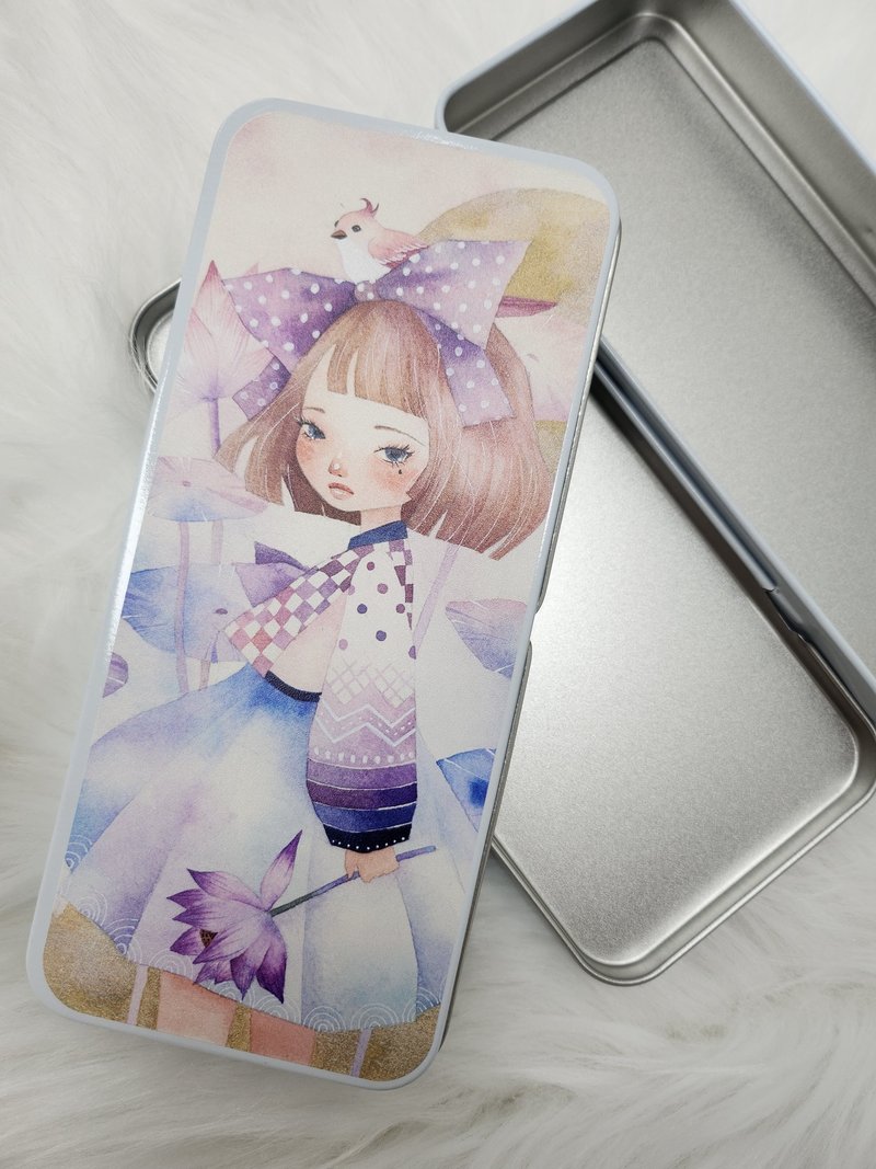 Lotus girl & bird tin pencil case white - 鉛筆盒/筆袋 - 其他金屬 