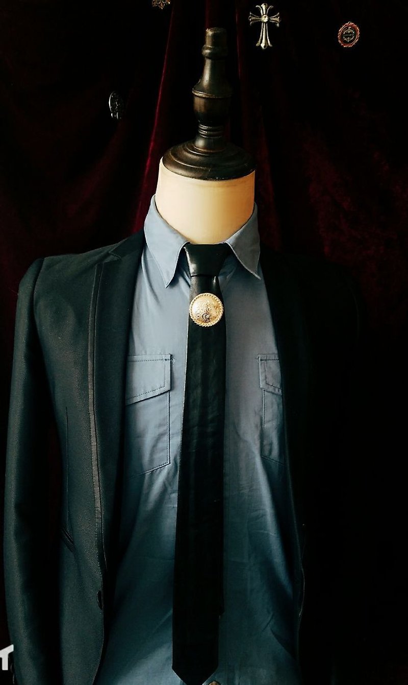 黑色皮革金屬唐草花領帶型男領帶 - 領帶/領帶夾 - 人造皮革 黑色