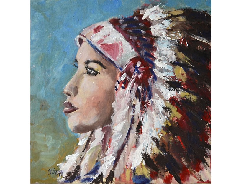 Native American Painting Original Art American Indian Woman Wall Art Amerindian - โปสเตอร์ - วัสดุอื่นๆ หลากหลายสี