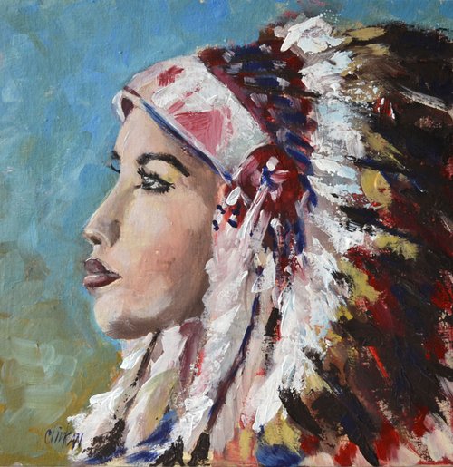 希少！ネイティブアメリカン 酋長インディアン油彩絵画 USA