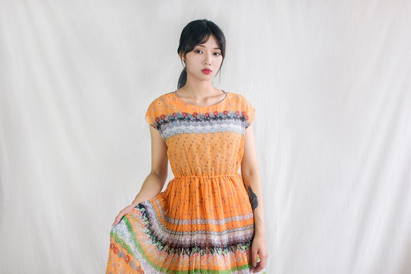 Orange garden figure half sleeve vintage dress - One Piece Dresses - Other Materials Orange