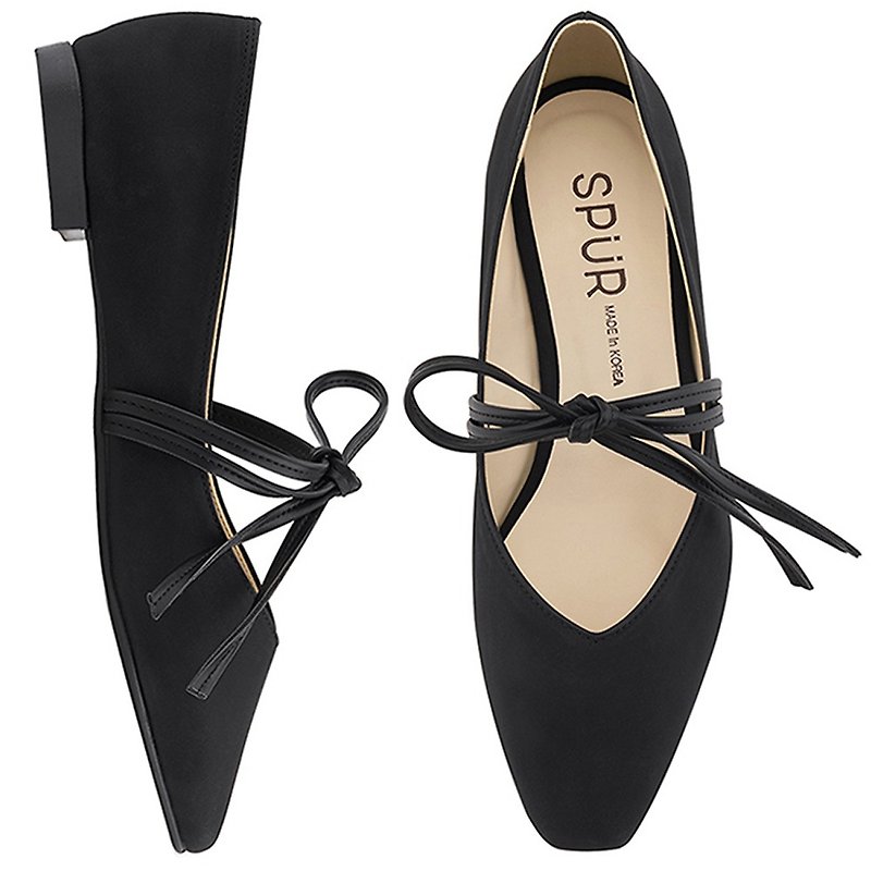 PRE-ORDER SPUR TIE UP A RIBBON FLATS MF9023 BLACK - Women's Leather Shoes - Faux Leather Black