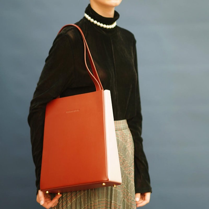 Reddish brown 2 color simple color matching tote bag shoulder bag minimalist commuter female briefcase leather tote bag - Messenger Bags & Sling Bags - Genuine Leather Red
