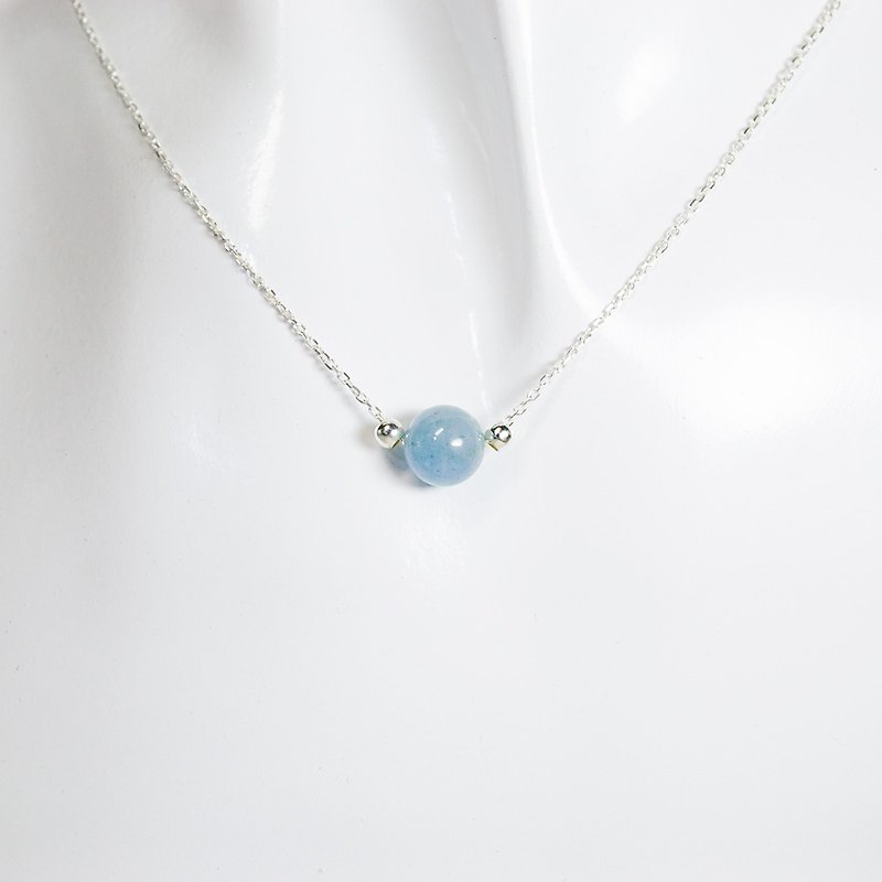Natural Aquamarine Round Bead Necklace - สร้อยคอ - เงินแท้ สีน้ำเงิน