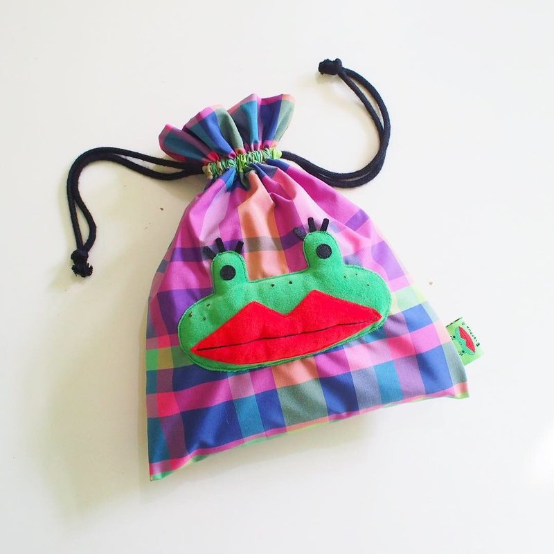 E*group Afrog Drawstring Pocket Pink Purple Blue Checked Pouch Cosmetic Bag Small Pouch - กระเป๋าเครื่องสำอาง - ผ้าฝ้าย/ผ้าลินิน สึชมพู