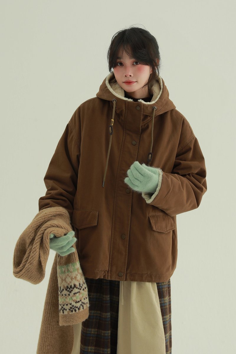 2顏色 木屋 連帽全毛休閒外套 日系休閒工裝夾克 保暖外套 - 女大衣/外套 - 棉．麻 咖啡色