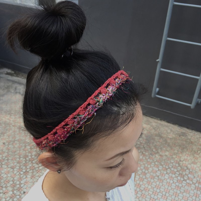 Crochet slim headband -denim cotton x sari silk (2 colour available) - Hair Accessories - Cotton & Hemp Red