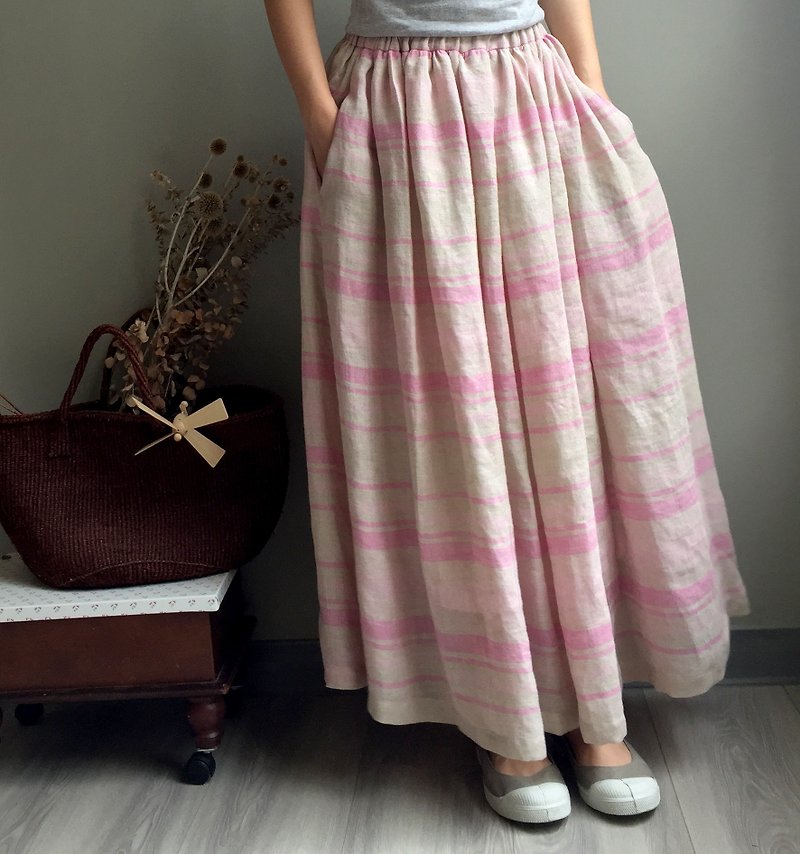 [Wensheng Forest] pink stripes European wind romantic linen dress (100% Linen) only one - Skirts - Cotton & Hemp 