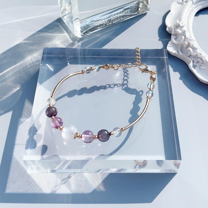 月光石 堇青石 紫水晶 14K包金 手工繞線 天然水晶手鍊 - 手鍊/手環 - 水晶 多色