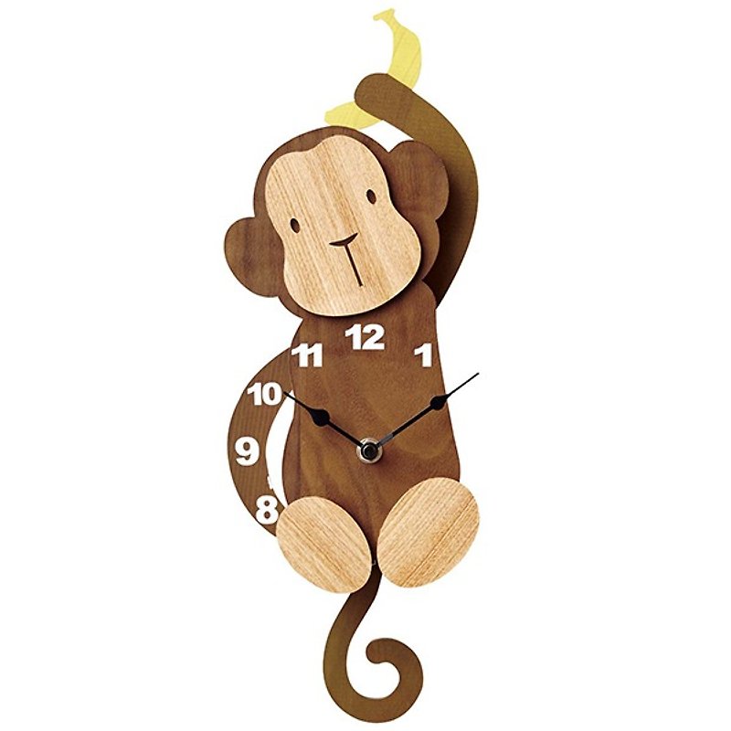 Osaru- 小猴子造型搖擺掛鐘 - 時鐘/鬧鐘 - 木頭 咖啡色