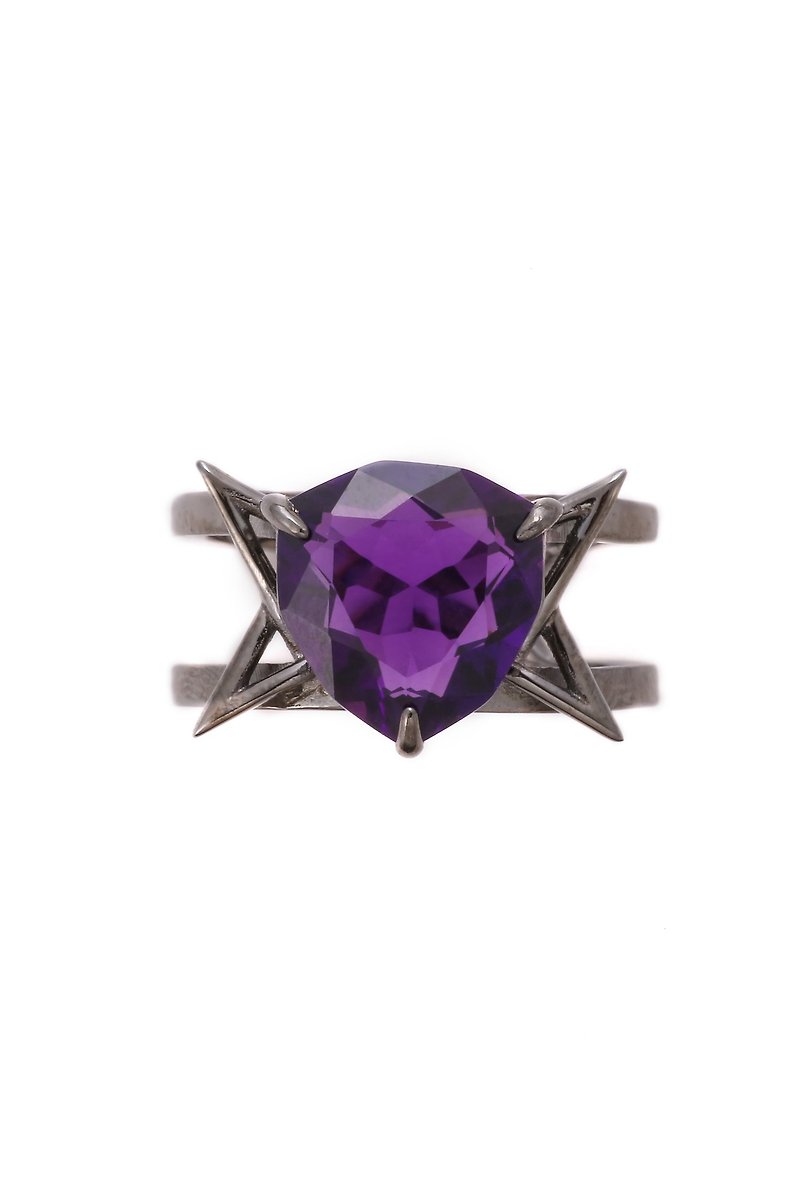 【母親節禮物】【滿額優惠】紫色鋯石S925純銀電鍍黑開口均碼戒指 - 戒指 - 銀 紫色