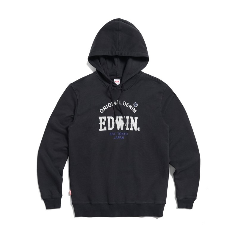 EDWIN 大英文字徽章長袖連帽T恤-男款 (黑色) #上衣 - 帽T/大學T - 棉．麻 黑色