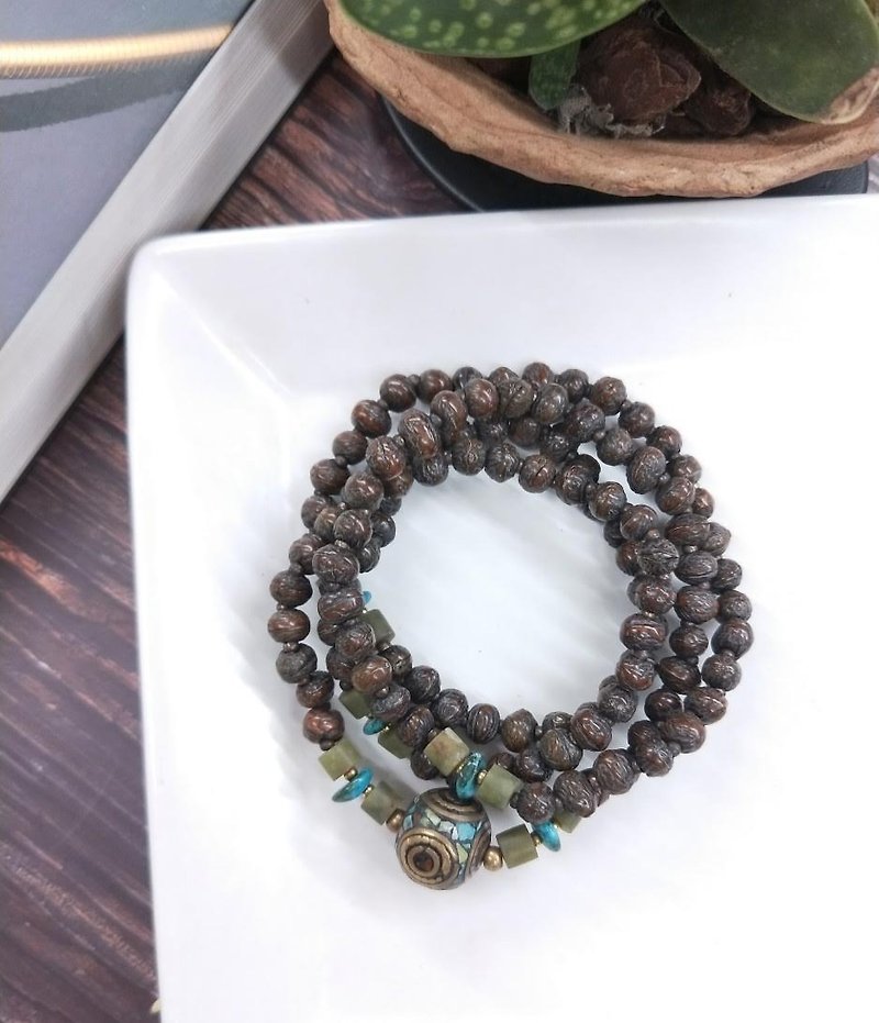 [108 rosary series. The only product] 6mm phoenix bodhi*old turquoise*old glass rosary - Bracelets - Wood Brown