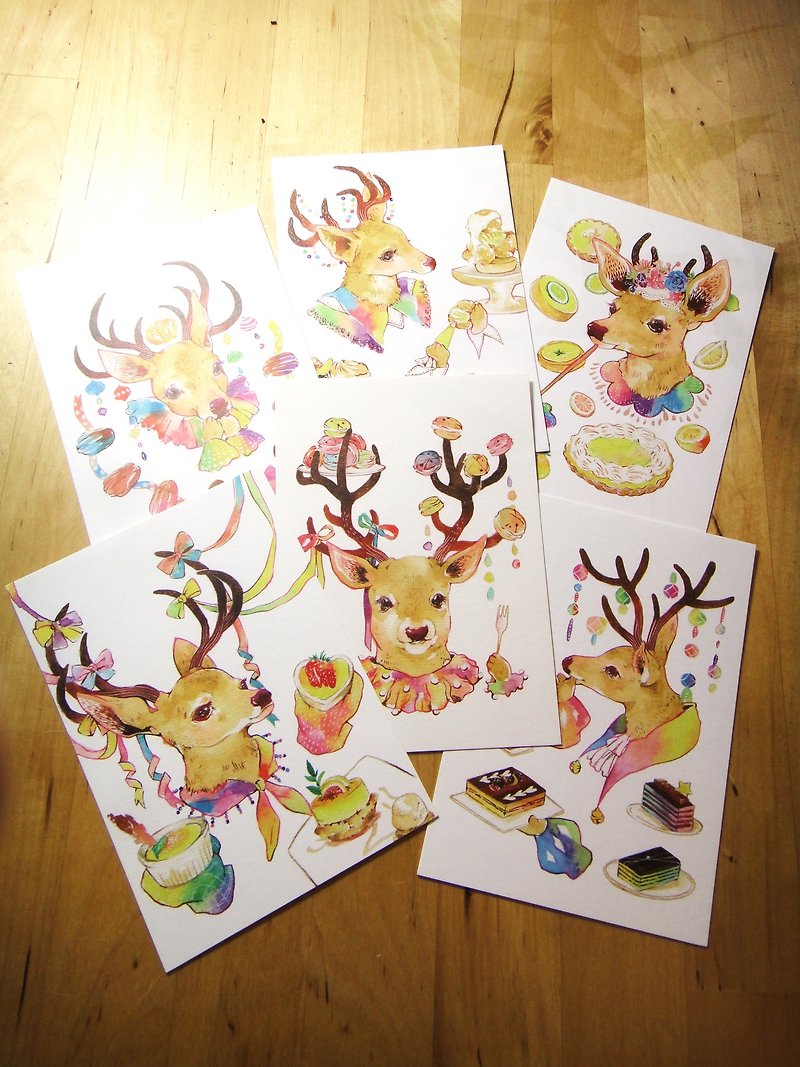 甜點鹿系列白底明信片 Dessert Deer Postcard Set - 卡片/明信片 - 紙 多色