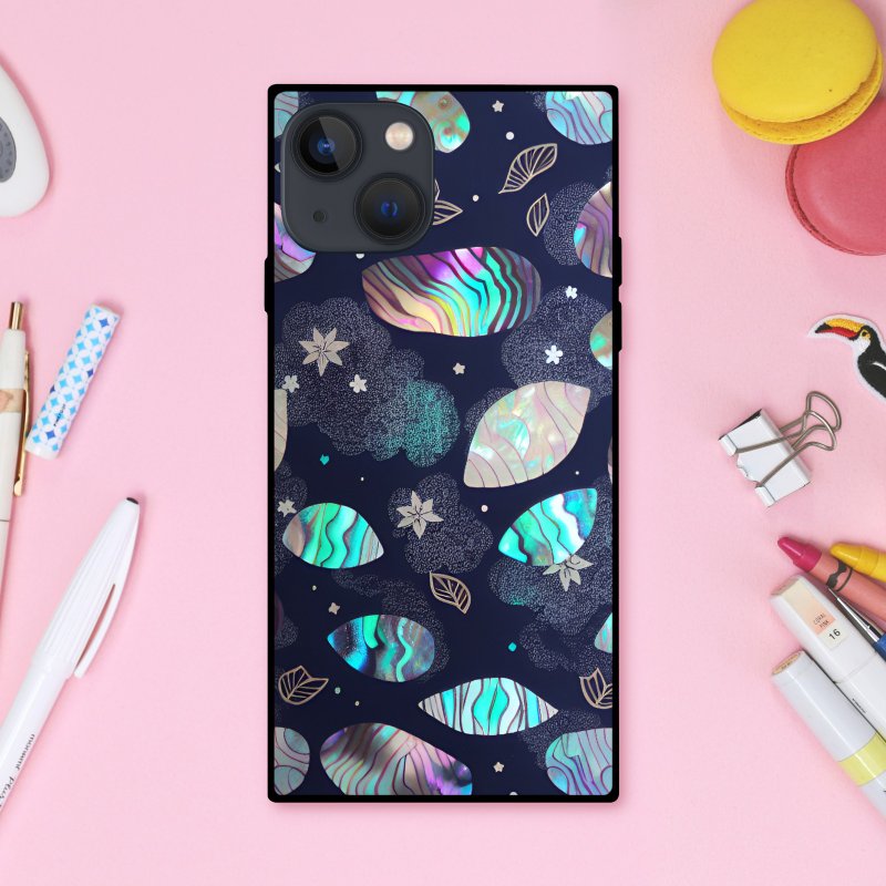 Dreamy, glittering, pastel and fairytale-like abalone shell square smartphone case [tempered glass finish] compatible with iPhone 16 - Phone Cases - Plastic Multicolor