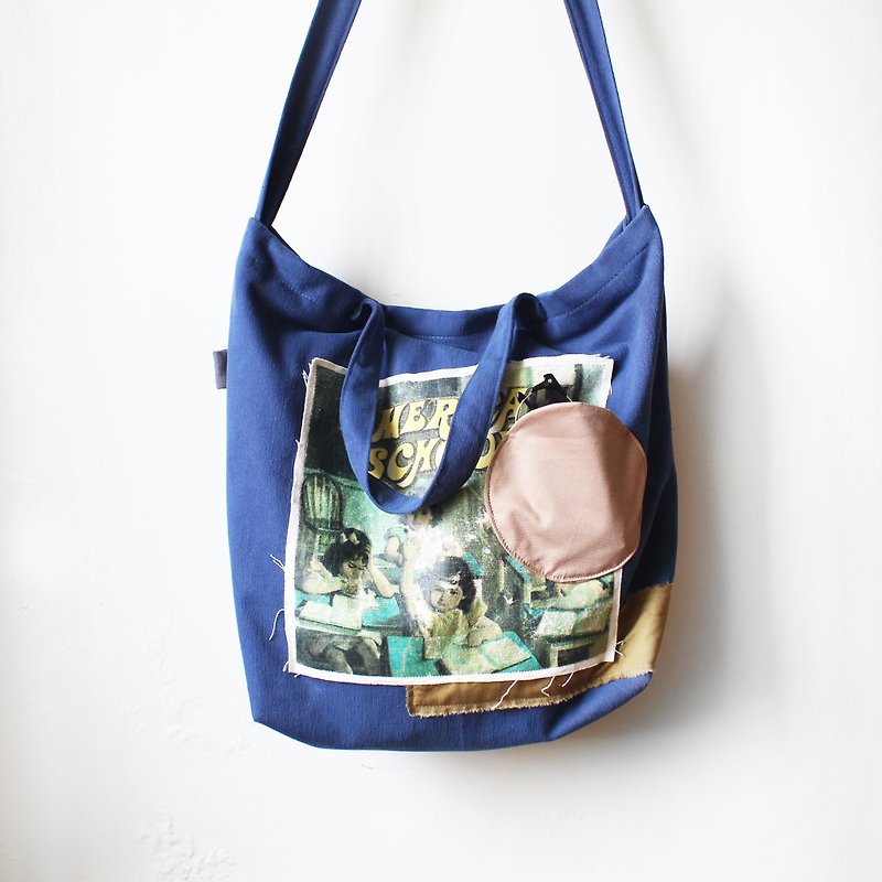 Have solid printing stitching together jiho large zipper bag (large) - กระเป๋าแมสเซนเจอร์ - ผ้าฝ้าย/ผ้าลินิน สีน้ำเงิน