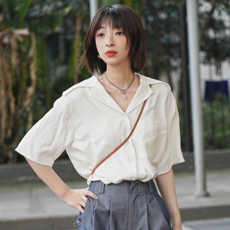 白色海軍領法式襯衫|襯衫|夏款|人棉|Sora-502 - 女襯衫 - 其他人造纖維 白色