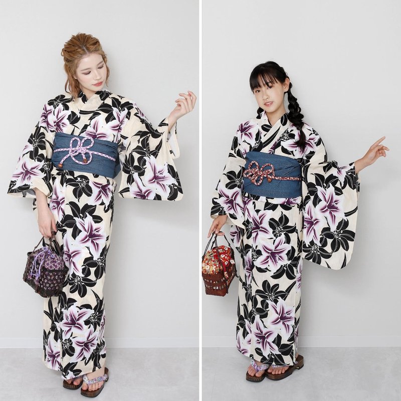 Yukata and Obi 2-piece set for women, F/S(150)/140/130 size x23-7 (for adults, children, juniors, parents and children, short height) - Pants - Cotton & Hemp Purple