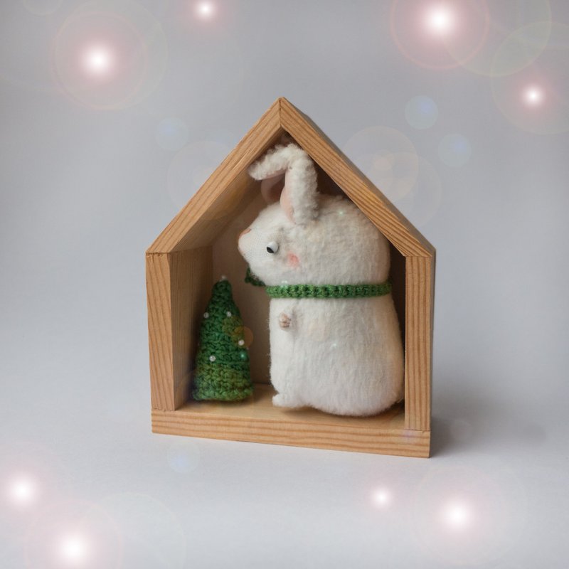 White Bunny Rabbit Miniature with Wooden House - 10cm - Stuffed Dolls & Figurines - Other Materials White