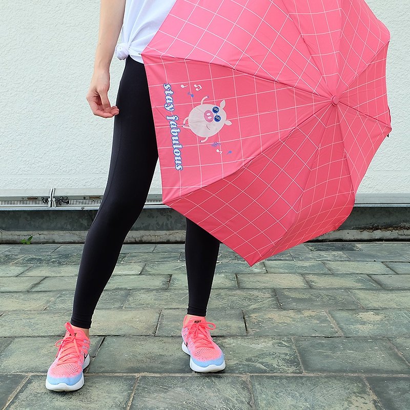 【台湾文川雨のトーク】ハッピーピッグアンチUV三つ折り自動開閉傘 - 傘・雨具 - 防水素材 ピンク