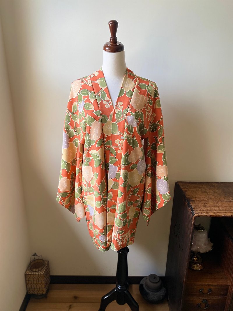 Warm orange garden vintage haori - Women's Casual & Functional Jackets - Silk Orange