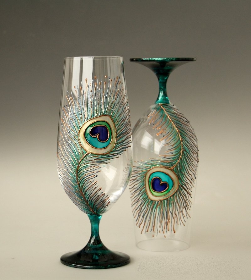 Peacock Glasses Hand Painted Set of 2 - แก้วไวน์ - แก้ว สีเขียว