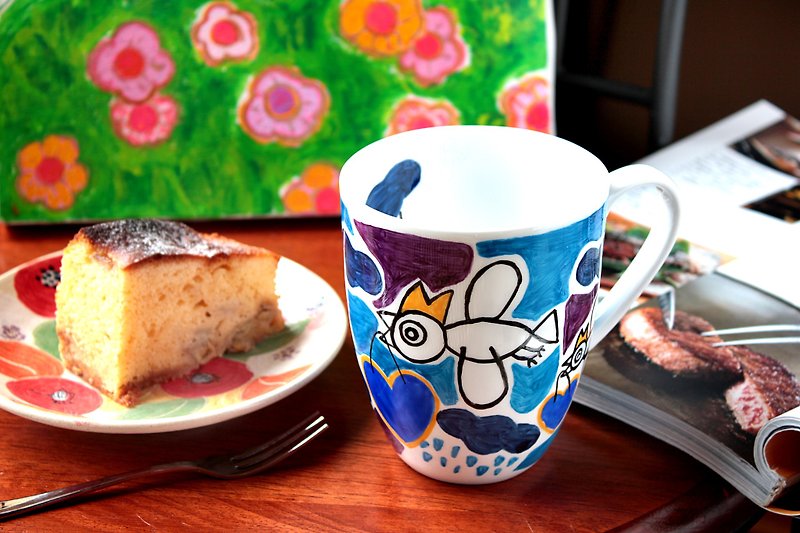 Happy birds・mugL5 - แก้วมัค/แก้วกาแฟ - เครื่องลายคราม สีน้ำเงิน