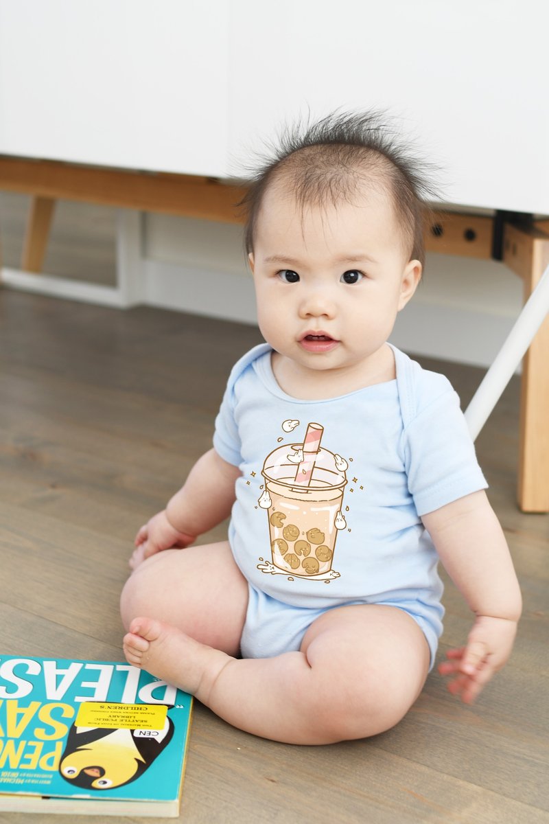 Baby Onesies Jumpsuit-Mochi Rabbit Pearl Milk Tea (Cute Blue) - ชุดทั้งตัว - ผ้าฝ้าย/ผ้าลินิน สีน้ำเงิน