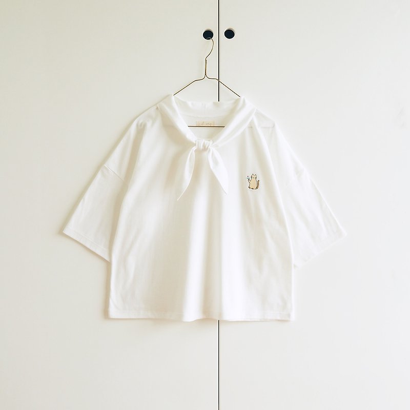 棉．麻 女上衣/長袖上衣 白色 - flower cat sailor t-shirt : white