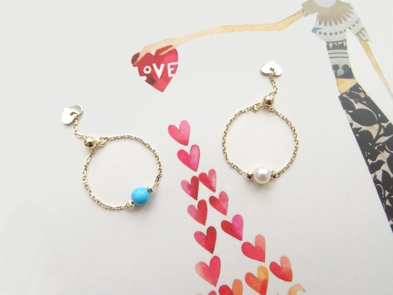 【Bestie Sale | Buy 2 Get 12% Off】18K Yellow Solid Gold Adjustable Dainty Chain Rings ♥ Baby Akoya Pearl + Turquoise - General Rings - Gemstone Gold