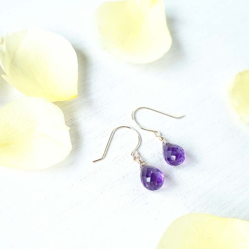 K18 Amethyst Drop Earrings or Clip-On Natural Stone Beautiful Purple - Earrings & Clip-ons - Other Metals Purple