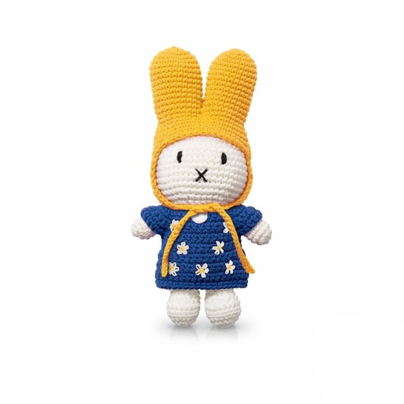 手工製Miffy 米飛兔【藍花裙+黃帽】 - 寶寶/兒童玩具/玩偶 - 棉．麻 多色