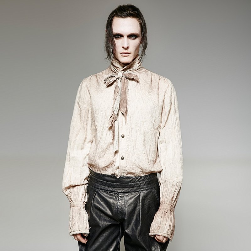 蒸汽龐克術士亞麻領結襯衫 - 多色 / 寬鬆版型 / 可拆領帶 - 男襯衫/休閒襯衫 - 其他材質 白色
