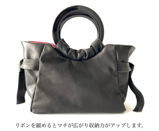 Ring handle bag horse leather black 2way ribbon - Shop yabo